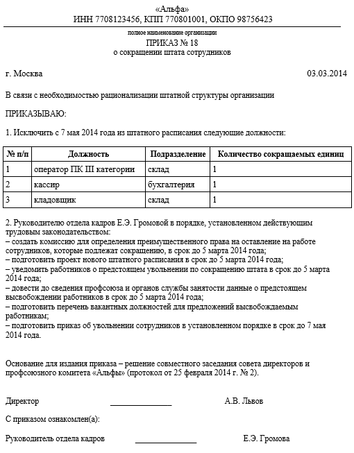 Приказ о сокращении численности и штата работников образец